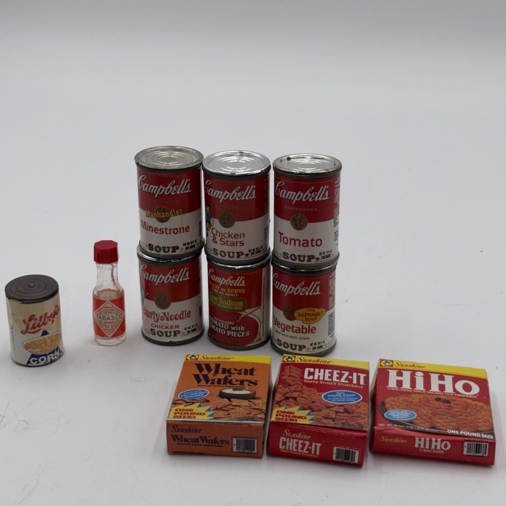 Campbell's Tomato Soup Manhandler Pretend Play Food 2" Plastic Can 1985 11 Pcs.
